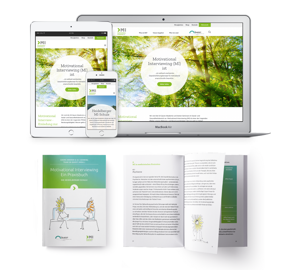 Responsive Darstellung der Website „Motivational Interviewing“ auf Desktop, Tablet und Smartphone sowie das dazugehörige Praxisbuch im Printlayout.